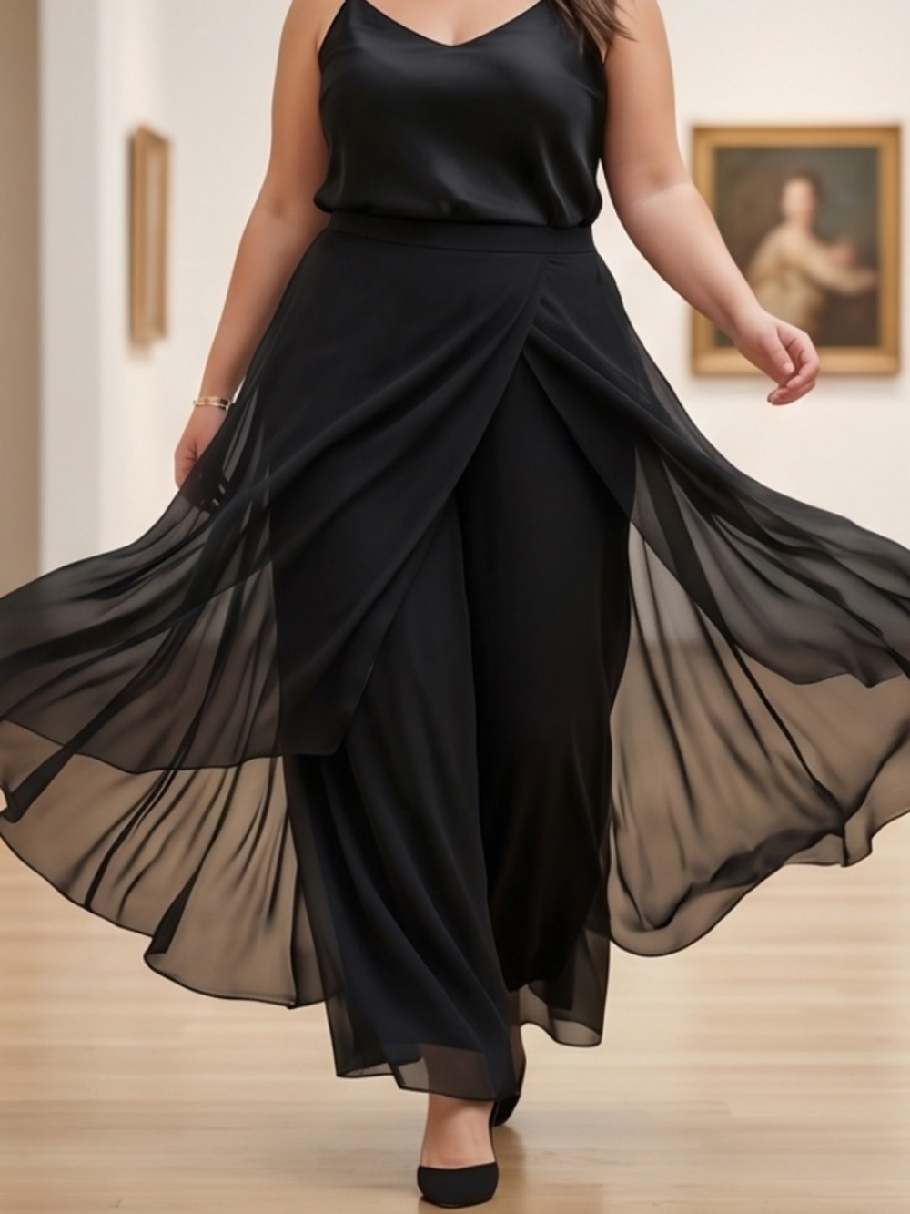 Elegant Black sheer skirt dress evening party pants